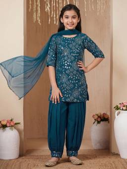 FASHION DREAM - Girls Rama Embroidered Kurta Salwar with Dupatta