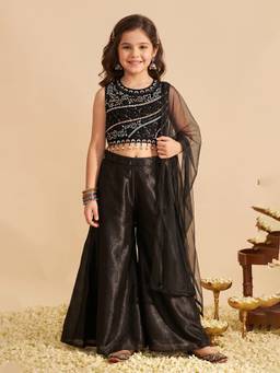 FASHION DREAM - Girls Black Sequin Embroidered Crop Top Palazzo with Dupatta