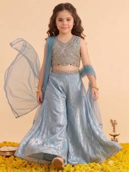 FASHION DREAM - Girls Sky Blue Embroidered Crop Top Palazzo with Dupatta
