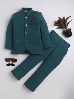 BT DEZINES - Boys Teal Floral Beadwork Embroidered Bandhgala Formal Set