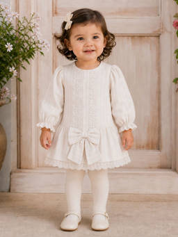 My Milestones - Seersucker Full Sleeve Waist Bow Ivory Heritage Dress Set - Off White