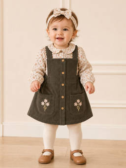 My Milestones - Printed Top Corduroy Pinafore Oak Bloom Dress Set