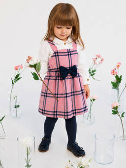 My Milestones - Full Sleeve Lurex Plaid Pinafore Rosewood Plaid 3 Pc Dress Set - Multi
