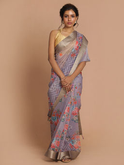 Indethnic - Banarasi Lavendar Printed Party Wear Saree With Unstitched Blouse