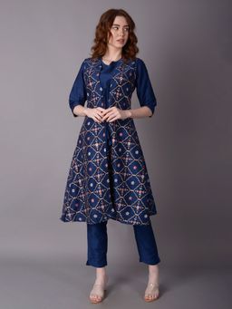 Shree - Women Poly Viscose Navy Blue Stripe Printed Kurta With Trouser And Jacket (Set Of 3)