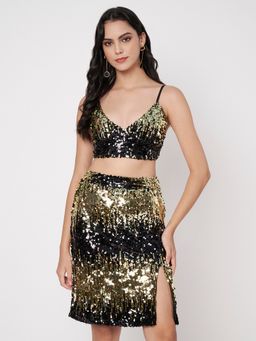 AMAGYAA - Women Black Polyester Embellished Top with Skirt