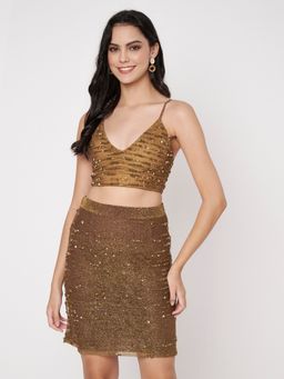 AMAGYAA - Women Gold Polyester Embellished Top with Skirt