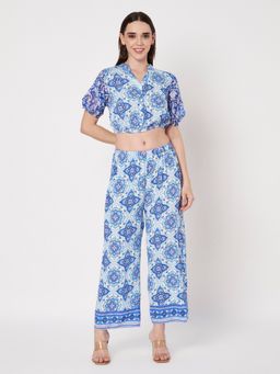 AMAGYAA - Women Blue Cotton Printed Top with Pant