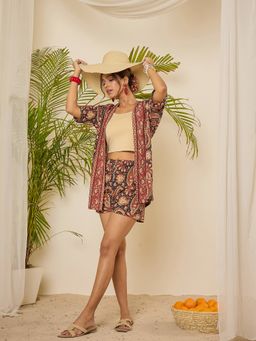 WineRed - Women Navy Blue Cotton Paisley Shrug with Shorts