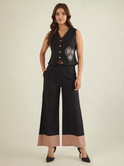 WineRed - Women Black Cotton Embroidered Waistcoat with Pant