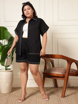 Deebaco - Women Black Cotton Solid Shirt with Shorts
