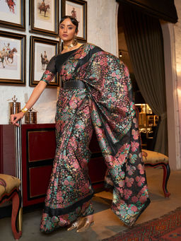 Odette - Festive Black Woven Saree with Unstitched Blouse