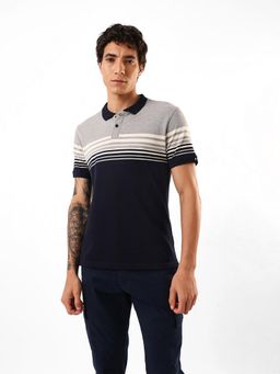 Dennis Lingo - Men Navy Blue Striped Relaxed Fit Polo T-Shirt