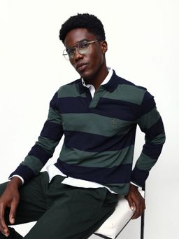 Dennis Lingo - Men Green Striped Full Sleeves Relaxed Fit Polo T-Shirt