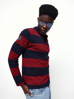 Dennis Lingo - Men Maroon Striped Full Sleeves Relaxed Fit Polo T-Shirt