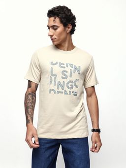Dennis Lingo - Men Cream Printed Round Neck Half Sleeves Relaxed Fit T-Shirt