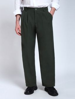 Perch - Bottle Green Solid Pleated Korean Trouser
