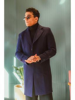 JAVINISHKA - Men Navy Blue Solid Single-Breasted Coat