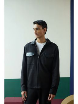 Muvazo - Black Men Faux Leather Collar Neck Jacket