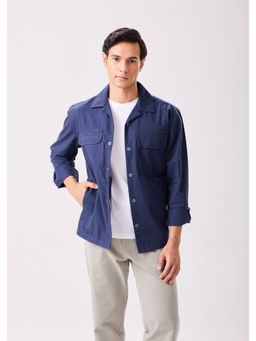 MH&Y - Navy Blue Men Cotton Linen Collar Neck Shacket