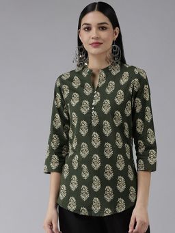 Yufta - Women Green Screen Print Potli Buttons Regular Top