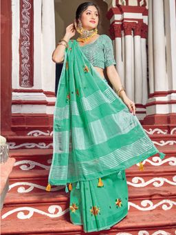 EXCLUSIVA - Green Linen Saree with Unstitched Blouse