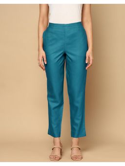 Fabindia - Teal Viscose Blend Solid Regular Fit Pant