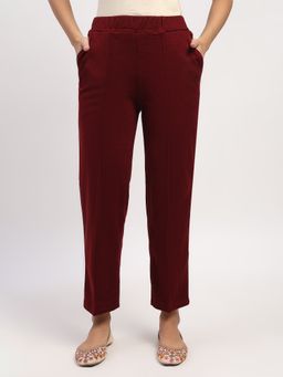ME & I - Maroon Acrylic Solid Straight Fit Pant