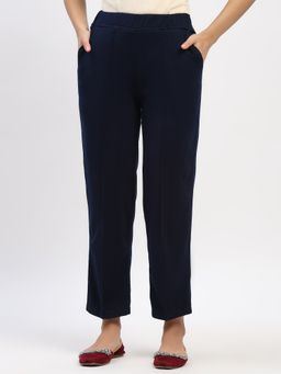 ME & I - Navy Blue Acrylic Solid Straight Fit Pant