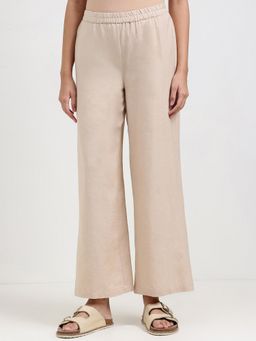 Pink Fort - Beige Linen Blend Solid Straight Fit Pant