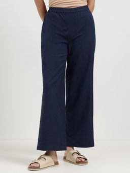 Pink Fort - Navy Blue Linen Blend Solid Straight Fit Pant