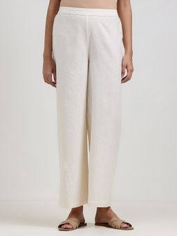Pink Fort - Off White Linen Blend Solid Straight Fit Pant