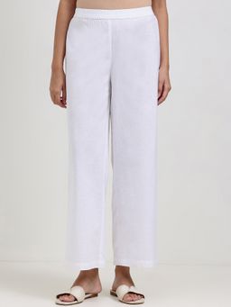 Pink Fort - White Linen Blend Solid Straight Fit Pant