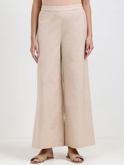 Pink Fort - Beige Linen Blend Solid Flared Fit Pant