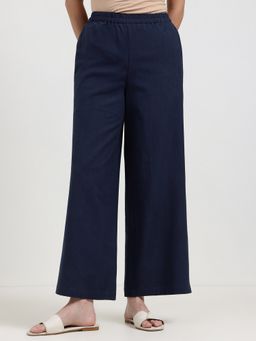 Pink Fort - Navy Blue Linen Blend Solid Flared Fit Pant