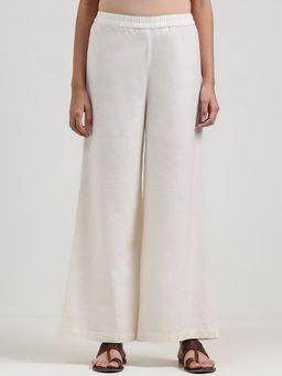 Pink Fort - Off White Linen Blend Solid Flared Fit Pant