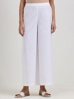 Pink Fort - White Linen Blend Solid Flared Fit Pant