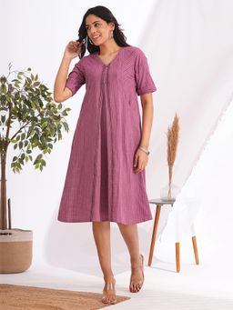 Kami Kubi - Women Mauve Cotton Stripes Midi Dress