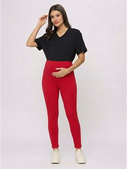 Evamomies - Red Solid Cotton Skinny Leggings