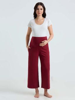 Evamomies - Maroon Solid Cotton Relaxed Palazzo