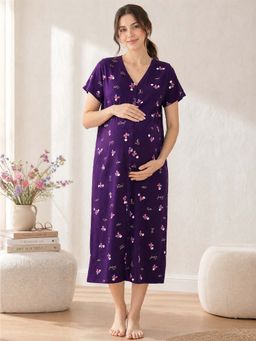 Secret Wish - Purple Floral Hosiery Comfortable Maternity Nighty