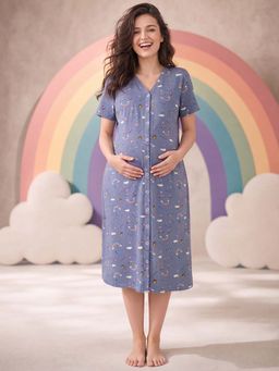 Secret Wish - Blue Printed Hosiery Comfortable Maternity Nighty