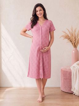 Secret Wish - Pink Printed Hosiery Comfortable Maternity Nighty