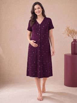 Secret Wish - Purple Printed Hosiery Comfortable Maternity Nighty