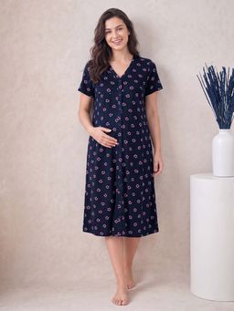Secret Wish - Navy Blue Floral Hosiery Comfortable Maternity Nighty