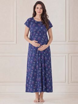 Secret Wish - Blue Floral Hosiery Comfortable Maternity Nighty