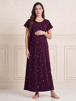 Secret Wish - Purple Printed Hosiery Comfortable Maternity Nighty