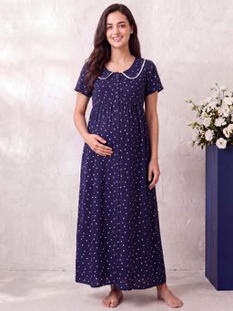 Secret Wish - Navy Blue Polka Dots Rayon Comfortable Maternity Nighty