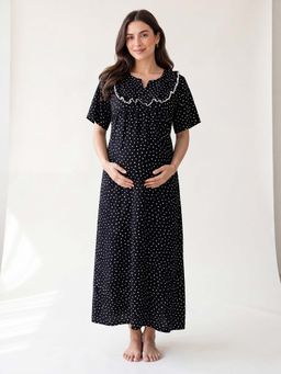 Secret Wish - Black Polka Dots Rayon Comfortable Maternity Nighty