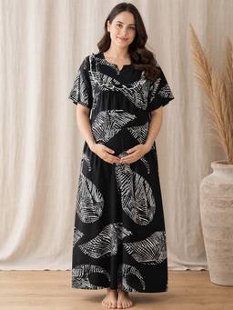 Secret Wish - Black Printed Rayon Comfortable Maternity Nighty